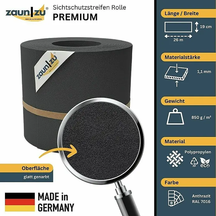 zaun|zu Sichtschutzstreifen Premium DSM - 26 m x 19 cm x 0,1 cm, Anthrazit - Zaun-Sichtschutzstreifen Rolle Premium, anthrazit. Glatte Oberfläche, Materialstärke 1,1 mm, Gewicht 850 g/m², Polypropylen, Länge 26 m, Breite 19 cm.