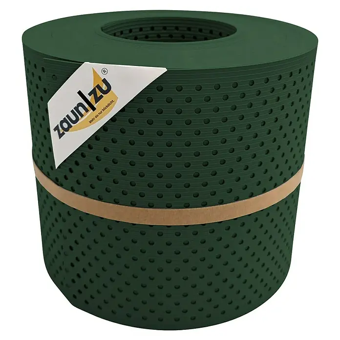 zaun|zu Sichtschutzstreifen Rille Gelocht 15% - 26 m x 19 cm x 0,1 cm, Tannengrün - Das grüne Zaunstreifen-Rolle mit Löchern und einem Papieretikett bietet mehr als nur Blickschutz für Ihren Garten.