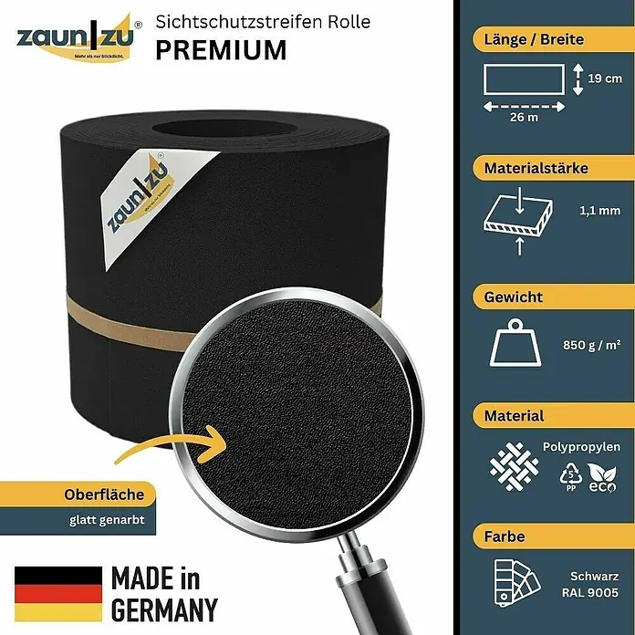 zaun|zu Sichtschutzstreifen Premium DSM - 26 m x 19 cm x 0,1 cm, Tiefschwarz - Produktbild einer Sichtschutzstreifen-Rolle von ZaunZu Premium in Schwarz, hergestellt in Deutschland. Die Rolle ist aus Polypropylen gefertigt.