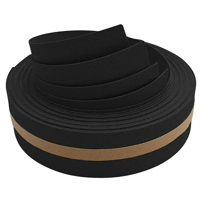 zaun|zu Sichtschutzstreifen Premium 1/4 Set - 2,55 m x 4,7 cm x 0,1 cm, Tiefschwarz - Nahaufnahme von Lenkerband für Fahrräder, aufgerollt, in Schwarz mit braunem Akzentband, das Textur und Design hervorhebt.