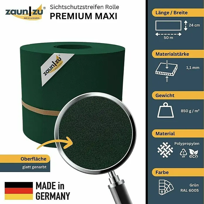 zaun|zu Sichtschutzstreifen Premium Maxi - L x B x H: 50 m x 24 cm x 0,1 cm, Grün - Zaun-Sichtschutzstreifen Rolle "Premium Maxi" in Grün. Die Rolle ist 50m lang und 24cm breit. Materialstärke 1,1 mm und Gewicht 850 g/m².