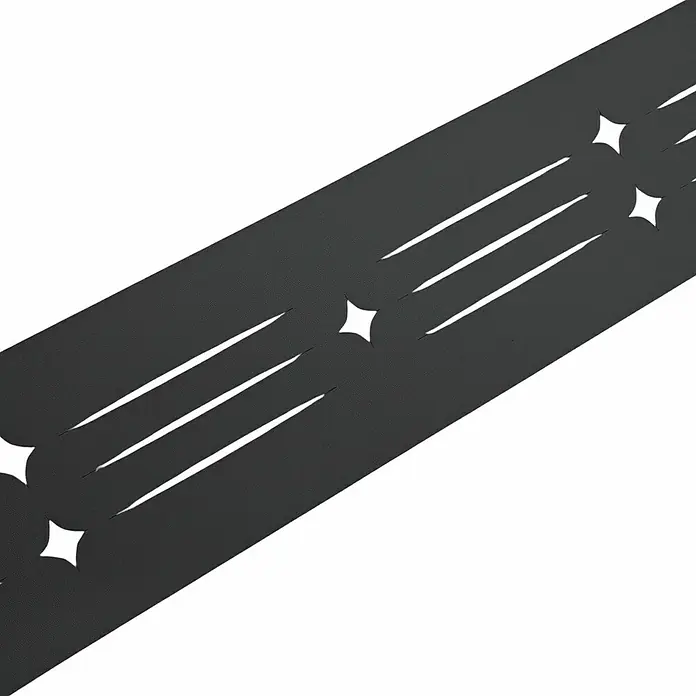 zaun|zu Sichtschutzstreifen Starline Laser - 2,55 m x 19 cm x 0,1 cm, Anthrazit - Schwarzes Ornament mit Sternen und Strichen.