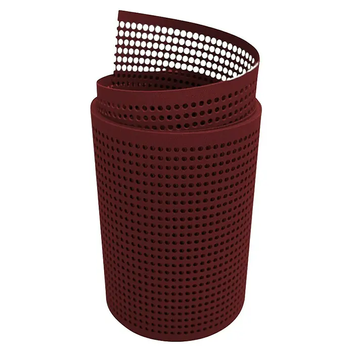 zaun|zu Sichtschutzstreifen Premium Gelocht - 2,55 m x 19 cm x 0,1 cm, Bordeauxrot - Rote, perforierte Metalltrommel.