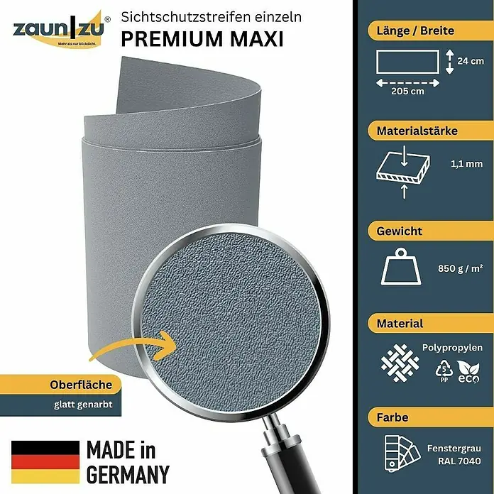 zaun|zu Sichtschutzstreifen Premium Maxi - L x B x H: 2,05 m x 24 cm x 0,1 cm, Fenstergrau - Bild einer Zaunblende Premium Maxi in Fenstergrau, mit Angaben zu Maße, Materialstärke, Gewicht und Material.