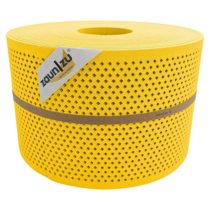 zaun|zu Sichtschutzstreifen Premium Gelocht Diamant - 50 m x 19 cm x 0,1 cm, Gelb - Gelbe Zaunfolie auf Rolle mit Löchern und einem Papierband.