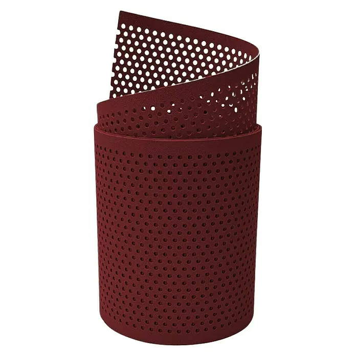 zaun|zu Sichtschutzstreifen Premium Gelocht 20% - 2,55 m x 19 cm x 0,1 cm, Bordeauxrot - Nahaufnahme eines perforierten, burgunderroten Schleifbandes auf einer Rolle. Ideal für effizientes und staubfreies Schleifen in Handwerk und Industrie.