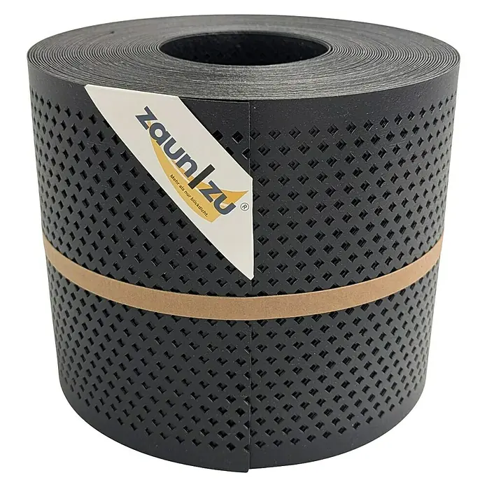 zaun|zu Sichtschutzstreifen Polyal Eco Gelocht Diamant - 26 m x 19 cm x 0,1 cm, Schwarz - Rolle Zaunfolie in Anthrazit. Ideal als Sichtschutz für Zäune und Balkone, bietet Privatsphäre und Windschutz mit dezenter Optik.