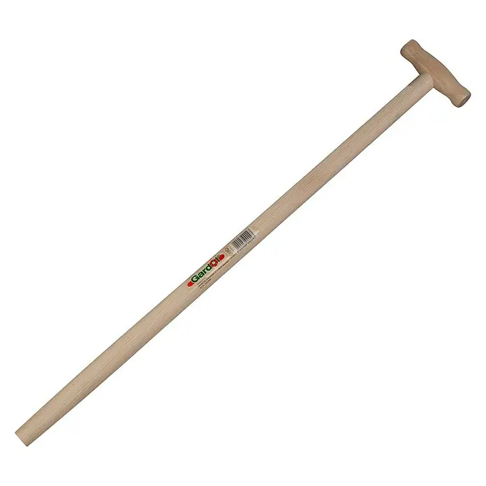 Gardol Spatenstiel - 85 cm, Buche - Ein hölzerner Gartengerätestiel mit T-Griff, ideal für verschiedene Gartenarbeiten. Der Stiel ist hell und weist eine glatte Oberfläche auf.
