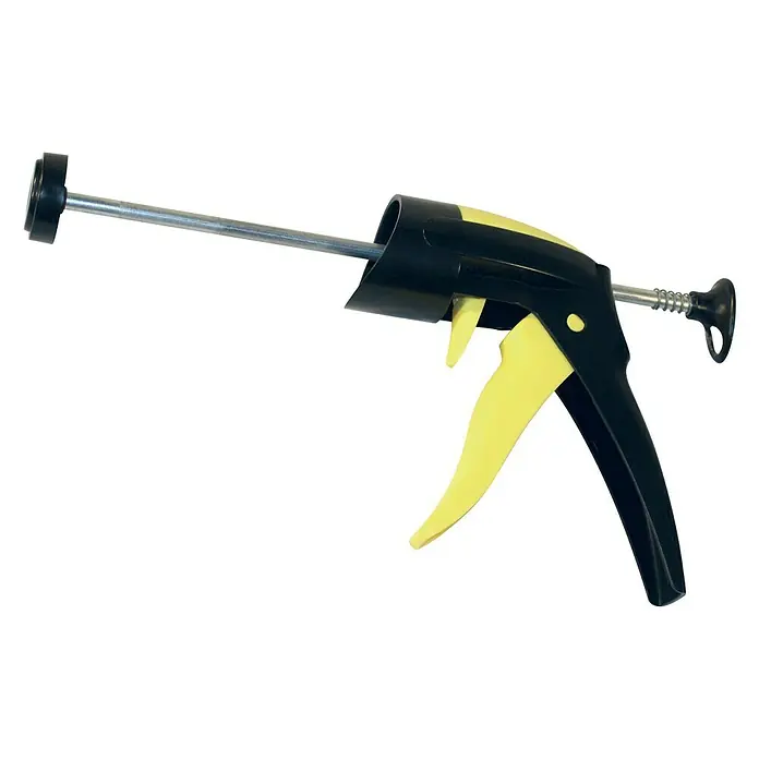 Kartuschenpresse Click Pump - Geeignet für: Silikon- und Kleberkartuschen - Detailaufnahme eines schwarzen und gelben Verstopfungsentferners. Das Werkzeug ist für die Reinigung von Verstopfungen konzipiert.