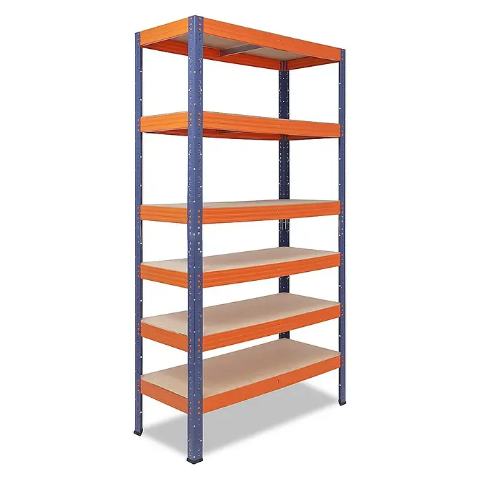 shelfplaza Schwerlastregal PRO - H x B x T: 180 x 100 x 60 cm, Traglast pro Boden: 200 kg, Stecken, blau-orange - Ein Regal mit Metallrahmen und Regalböden aus Holz für eine vielseitige Aufbewahrungslösung.
