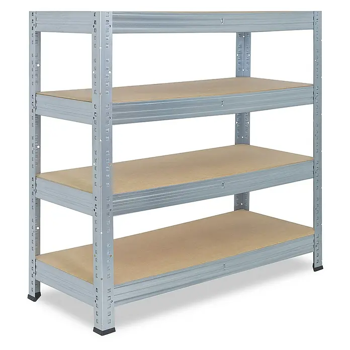 shelfplaza Schwerlastregal PRO - H x B x T: 100 x 110 x 40 cm, Traglast pro Boden: 200 kg, Stecken, verzinkt - Ein stabiles, silbergraues Metallregal mit vier Ablageflächen aus Holz für Lagerung und Organisation.