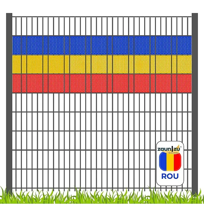 zaun|zu Sichtschutzstreifen Rumänien - 2,55 m x 19 cm x 0,1 cm, Blau/Gelb/Rot, Volle Streifenbreite Gelocht - Ein Zaun mit Sichtschutz in den Farben der rumänischen Flagge, ideal für Privatsphäre und Dekoration im Garten.