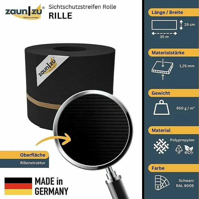 zaun|zu Sichtschutzstreifen Rille - 35 m x 19 cm x 0,1 cm, Tiefschwarz - Sichtschutzstreifen Rolle RILLE: 35 m lang, 19 cm breit, 1,25 mm stark. Aus Polypropylen, Gewicht 850 g/m², Farbe Schwarz (RAL 9005), Made in Germany.