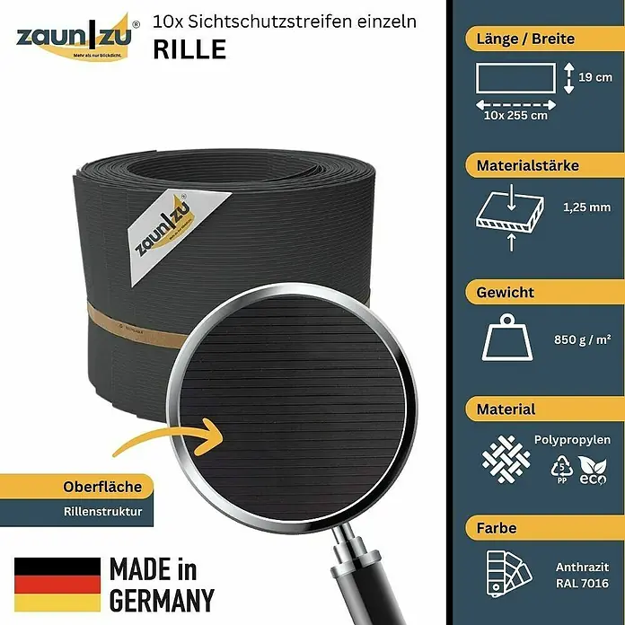zaun|zu Sichtschutzstreifen Rille 10 x Einzelstreifen - 25,5 m x 19 cm x 0,1 cm, Anthrazit - Sichtschutzstreifen-Set "Rille": 10 anthrazitfarbene Polypropylen-Streifen (19cm hoch, 255cm lang) für Zaun, wetterfest & Made in Germany.