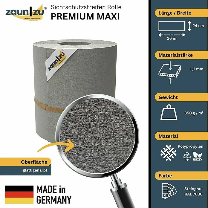 zaun|zu Sichtschutzstreifen Premium Maxi - L x B x H: 26 m x 24 cm x 0,1 cm, Steingrau - Produktbild: Zaunstreifenrolle Premium Maxi in Steingrau. Sichtschutz mit glatter, genarbter Oberfläche, hergestellt in Deutschland.