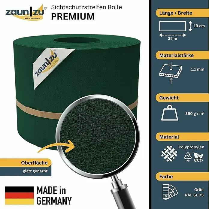 zaun|zu Sichtschutzstreifen Premium 35 m Rolle - 35 m x 19 cm x 0,1 cm, Grün - Sichtschutzstreifen Rolle Premium: 35m lang, 19cm breit, 1,1mm stark, 850g/m², Polypropylen, Farbe Grün RAL 6005, Made in Germany.