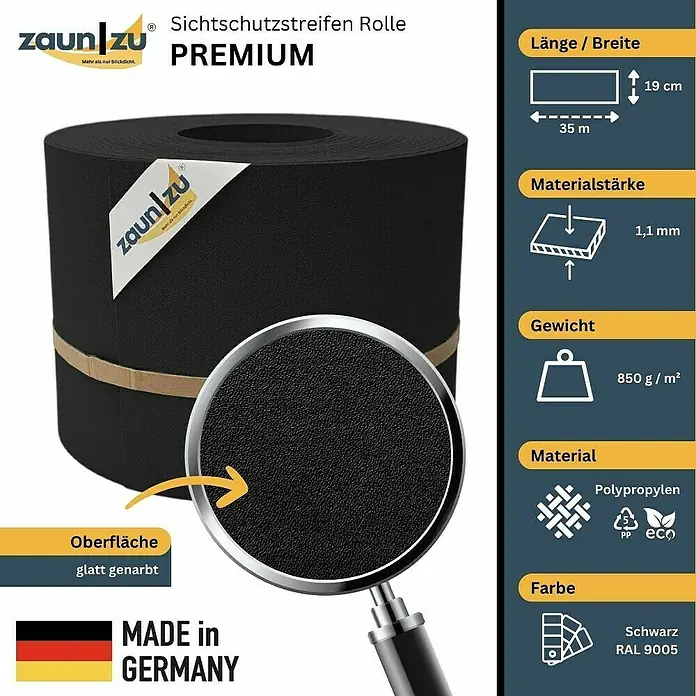 zaun|zu Sichtschutzstreifen Premium 35 m Rolle - 35 m x 19 cm x 0,1 cm, Tiefschwarz - Premium Zaun-Sichtschutzstreifen Rolle, 35m x 19cm, 1,1mm stark, 850g/m², aus Polypropylen, glatt genarbt, Farbe Schwarz (RAL 9005), Made in Germany.