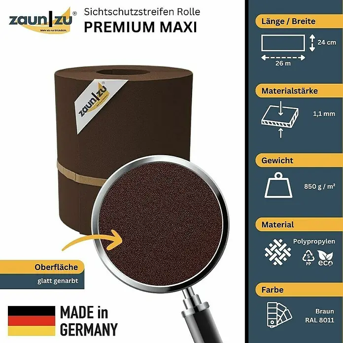 zaun|zu Sichtschutzstreifen Premium Maxi - L x B x H: 26 m x 24 cm x 0,1 cm, Braun - Zaunstreifen Rolle Premium Maxi: 26 m lang, 24 cm breit, 1,1 mm dick, 850 g/m², Polypropylen, Farbe Braun RAL 8011, glatt genarbt, Made in Germany.