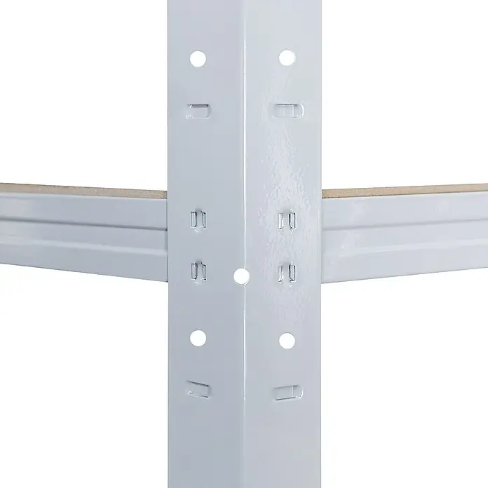 shelfplaza Schwerlastregal OFFICE - H x B x T: 180 x 70 x 45 cm, Traglast pro Boden: 175 kg, Stecken, lichtgrau - Detailaufnahme eines robusten, weißen Metallregals mit verstellbaren Regalböden und einer stabilen Eckverbindung.