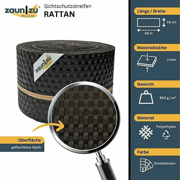 zaun|zu Sichtschutzstreifen Rattan PE - 26 m x 19 cm x 0,2 cm, Dunkelbraun - Produktbild eines ZaunZu Rattan Sichtschutzstreifens in Dunkelbraun, gerollt und mit Produktinformationen zu Größe und Material.