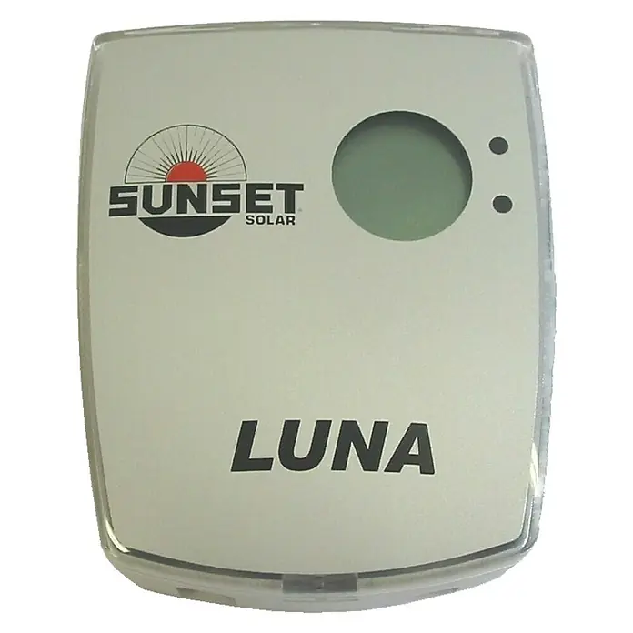 Sunset Temperaturdifferenzregler Luna-HE - Bedienmenü, Kunststoff - Nahaufnahme des Sunset Solar Luna Controllers. Es hat ein kompaktes Design mit Display, Solarpanel und der Aufschrift "Luna".