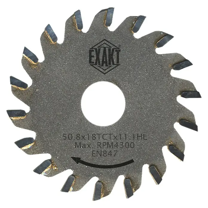 Exakt Kreissägeblatt - 110 mm, Bohrung: 20 mm, Anzahl Zähne: 18 Stk. - Eine Nahaufnahme eines EXAKT-Kreissägeblatts mit Hartmetallzähnen, das für präzise Schnitte in verschiedenen Materialien geeignet ist.