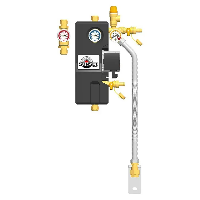 Sunset Solarstation BM-HE - Pumpenleistung: 50 W, 230 V - Bild einer Sunset Solar Heizungsanlage mit Manometern und Anschlüssen für Solarsysteme, ideal für effiziente Wärmegewinnung.