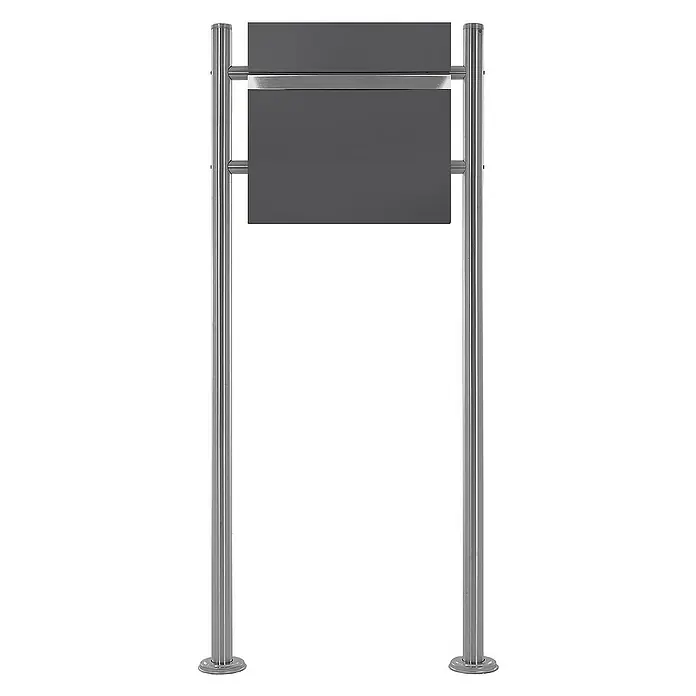 ECD Germany Standbriefkasten Briefkastenanlage mit Ständer Silber 120cm Mailbox mit Pfosten - L x B x H: 42,5 x 17 x 120 cm, Anthrazit, Silber, Stahl, Zeitungsfach - Produktansicht eines modernen, freistehenden Schildes mit zwei grauen Tafeln, gehalten von schlanken, silbernen Metallpfosten.