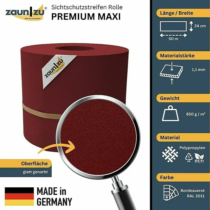 zaun|zu Sichtschutzstreifen Premium Maxi - L x B x H: 50 m x 24 cm x 0,1 cm, Bordeauxrot - Produktbild einer Sichtschutzstreifen Rolle "Premium Maxi" in Bordeauxrot, hergestellt in Deutschland, mit glatter Oberfläche und aus Polypropylen.
