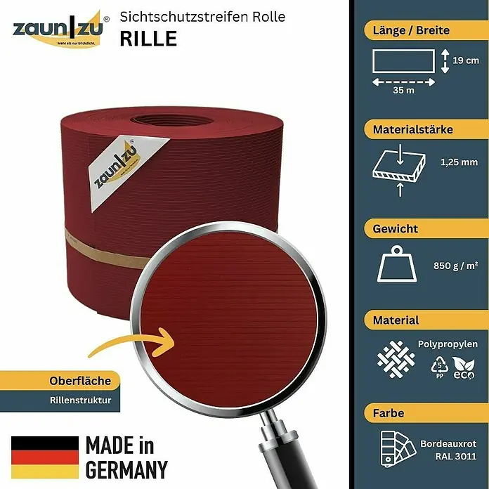 zaun|zu Sichtschutzstreifen Rille - 35 m x 19 cm x 0,1 cm, Bordeauxrot - Sichtschutzstreifen Rolle RILLE von Zaun zu. Die bordeauxrote Sichtschutzstreifenrolle ist 35 m lang und 19 cm breit, aus Polypropylen gefertigt.