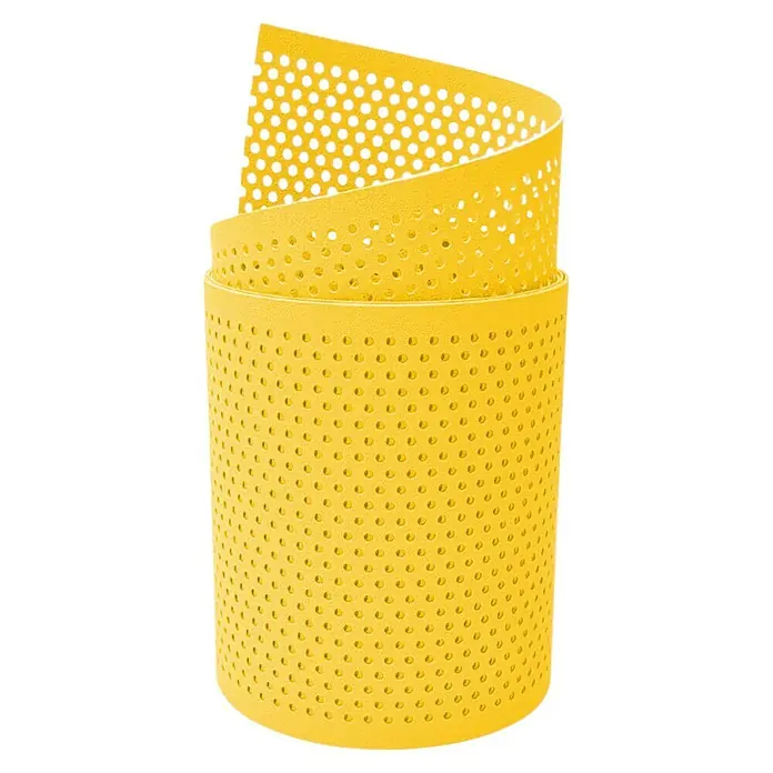 zaun|zu Sichtschutzstreifen Premium Gelocht 20% - 2,55 m x 19 cm x 0,1 cm, Gelb - Gelbes, perforiertes Sportband, aufgerollt dargestellt, ideal für Griffe und mehr Komfort bei sportlichen Aktivitäten.