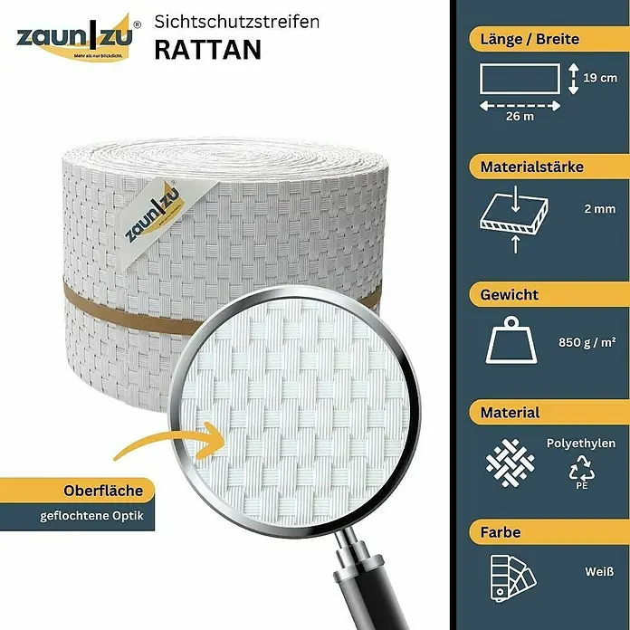zaun|zu Sichtschutzstreifen Rattan PE - 26 m x 19 cm x 0,2 cm, Weiß - Abbildung eines Sichtschutzstreifens "Rattan" von Zaun zu. Das Produkt ist weiß und hat eine geflochtene Optik.