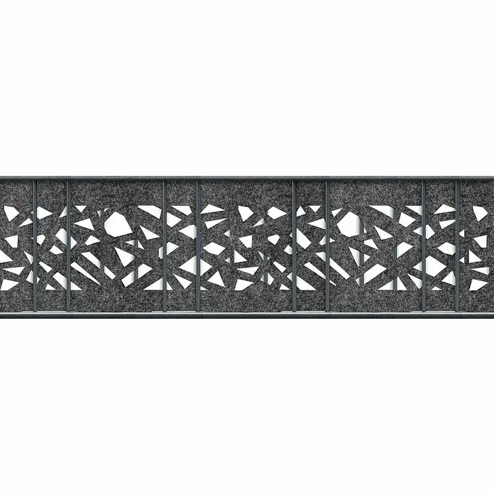 zaun|zu Sichtschutzstreifen Design Graphic - 2,6 m x 19 cm x 0,1 cm, Anthrazit - Graue Akustikwand mit abstraktem Design. Die Wand besteht aus mehreren Paneelen mit dreieckigen Ausschnitten, die für Schallabsorption sorgen.