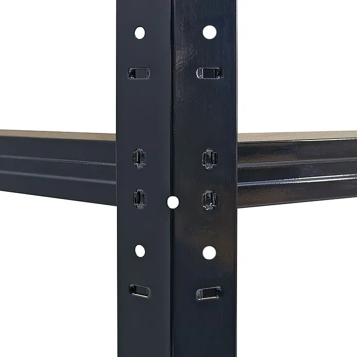 shelfplaza Schwerlastregal BLACK - H x B x T: 230 x 70 x 45 cm, Traglast pro Boden: 175 kg, Stecken, schwarz - Nahaufnahme eines schwarzen Metallregals mit Löchern und Schlitzen zur Befestigung, das Stabilität und Flexibilität bietet.
