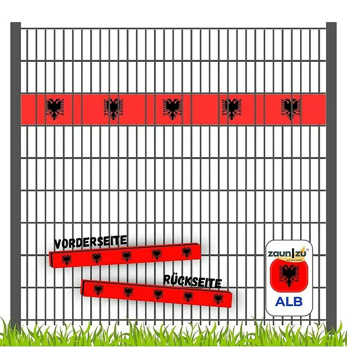 zaun|zu Sichtschutzstreifen Albanien - L x B x H: 2,55 m x 19 cm x 0,1 cm, Rot, Albanien, Akzentstreifen - Abbildung eines Zauns mit Dekorstreifen in albanischen Farben und Logo des Herstellers Zaunzu.
