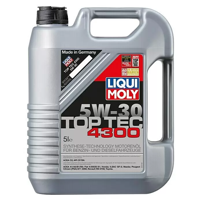 Liqui Moly Aceite para motor Top Tec 4300 - 5 l, 5W-30 - Garrafa gris de 5 litros de aceite de motor sintético Liqui Moly 5W-30 Top Tec 4300 para gasolina y diésel.