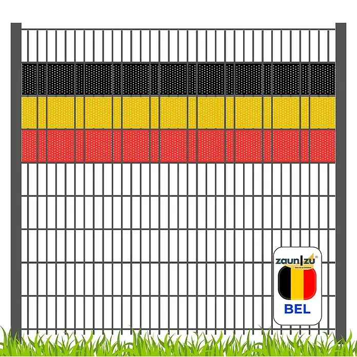 zaun|zu Sichtschutzstreifen Belgien - 2,55 m x 19 cm x 0,1 cm, Rot/Gelb/Schwarz, Volle Streifenbreite Gelocht - Eine Abbildung eines Zauns mit den Farben der belgischen Flagge und dem Logo von Zaun zu.