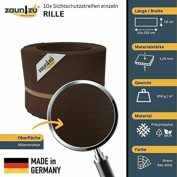 zaun|zu Sichtschutzstreifen Rille 10 x Einzelstreifen - 25,5 m x 19 cm x 0,1 cm, Braun - Bild von Zaun zu RILLE Sichtschutzstreifen, braun, aus Polypropylen, 10 Stück, Made in Germany.