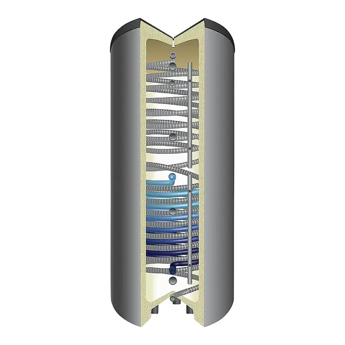 Sunset Solaranlage Sunsol 8 HZ/2 - Mit Frischwasserspeicher 825 l, Kollektorfläche: 15,06 m², Geeignet für: 3 - 6 Personen (Einfamilien- oder Mehrfamilienhaus) - Querschnitt eines Warmwasserspeichers mit internen Rohrschlangen für effiziente Wärmeverteilung.