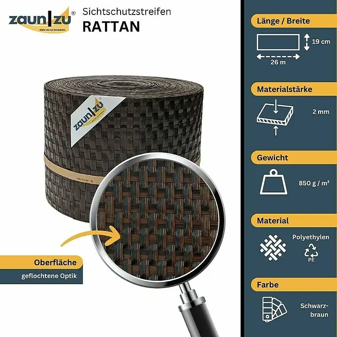 zaun|zu Sichtschutzstreifen Rattan PE - 26 m x 19 cm x 0,2 cm, Schwarzbraun - Sichtschutzstreifen "Rattan" von Zaun zu: 26 m Länge, 19 cm Breite, 2 mm Materialstärke, 850 g/m², Polyethylen, geflochtene Optik in Schwarzbraun.