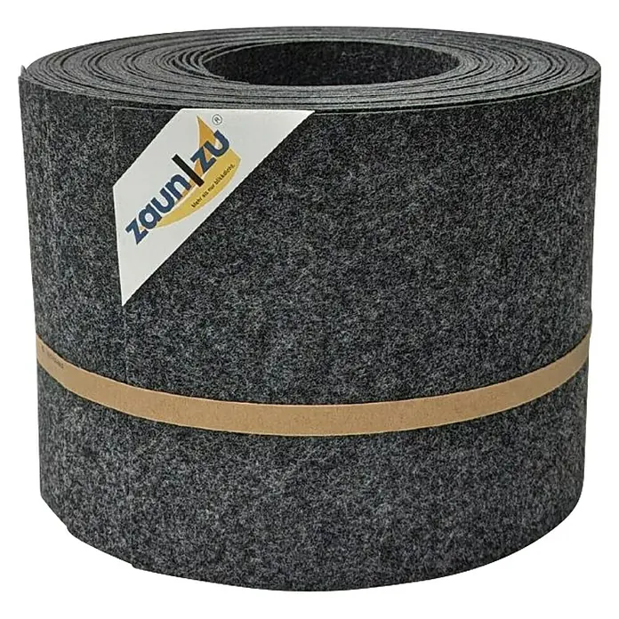 zaun|zu Sichtschutzstreifen Design Anthrazit - 2,55 m x 19 cm x 0,2 cm, Anthrazit, 10 Stk. - Das Bild zeigt eine Rolle Zaunfolie von ZaunZu in Anthrazit, die mit einem Band zusammengehalten wird. Die Folie dient als Sichtschutz für Zäune.
