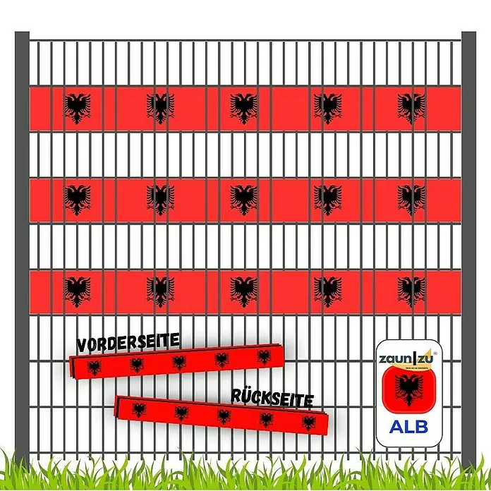 zaun|zu Sichtschutzstreifen Albanien - L x B x H: 2,55 m x 19 cm x 0,1 cm, Rot, Albanien, Akzentstreifen 3 Für 2 - Produktansicht eines Zaunblendschutzes mit Albanien Flagge. Die Sichtschutzstreifen sind rot mit dem albanischen Doppeladler.