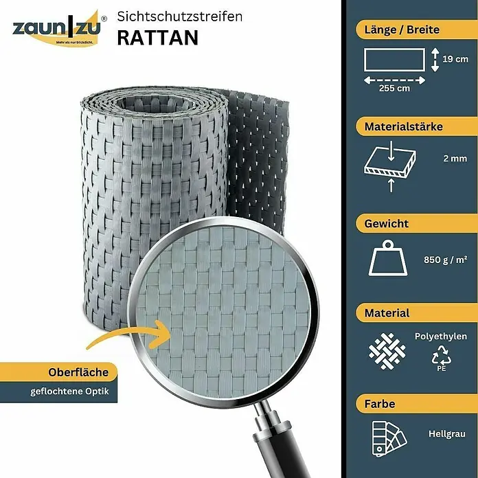 zaun|zu Sichtschutzstreifen Rattan Einzel - 2,55 m x 19 cm x 0,2 cm, Hellgrau - Produktbild von Sichtschutzstreifen Rattan in Hellgrau, mit geflochtener Optik, 255 cm Länge, 19 cm Breite, 2 mm Materialstärke aus Polyethylen, 850 g/m².