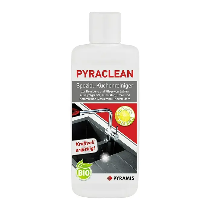 Pyramis Spülenpflege Pyraclean - 200 ml, Granit - Bild einer Flasche PYRACLEAN Spezial-Küchenreiniger, ein Küchenreiniger für Spülen, Keramik und Glaskeramik-Kochfelder, mit Zitronenduft und Bio-Logo.