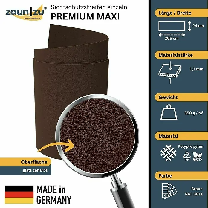 zaun|zu Sichtschutzstreifen Premium Maxi - L x B x H: 2,05 m x 24 cm x 0,1 cm, Braun - Sichtschutzstreifen "Premium Maxi" in Braun (RAL 8011): 205 cm lang, 24 cm breit, 1,1 mm dick und aus Polypropylen.
