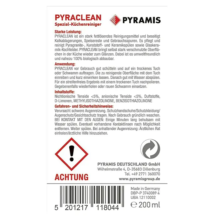 Pyramis Spülenpflege Pyraclean - 200 ml, Granit - Etikett des PYRACLEAN Spezial-Küchenreinigers von Pyramis, einem fettlösenden Reiniger für Küche, Spülen und Kochfelder, mit Gefahrenhinweisen.