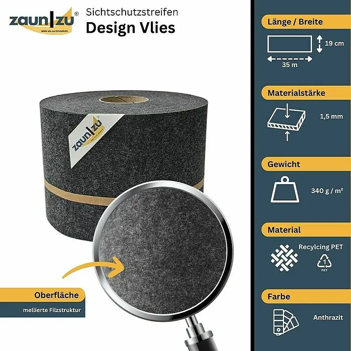 zaun|zu Sichtschutzstreifen Design Anthrazit - 35 m x 19 cm x 0,2 cm, Anthrazit, 1 Stk. - Produktbild von ZaunZuu Design Vlies Sichtschutzstreifen, Anthrazit, 35 m Länge, 19 cm Breite, 1,5 mm Materialstärke und 340g/m² Gewicht.