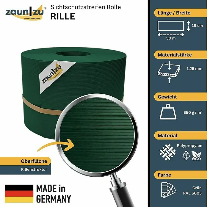 zaun|zu Sichtschutzstreifen Rille PP DSM - 50 m x 19 cm x 0,1 cm, Grün - Bild einer Sichtschutzstreifen Rolle „Rille“ von ZaunZu. Die Rolle ist grün und hat eine gerillte Oberfläche.