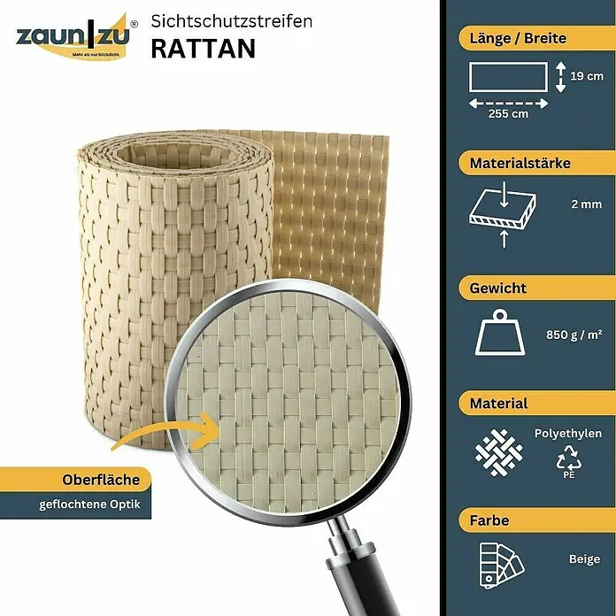 zaun|zu Sichtschutzstreifen Rattan Einzel - 2,55 m x 19 cm x 0,2 cm, Beige - Produktbild der "Zaun|Zu" Sichtschutzstreifen Rattan in Beige, Details zu Material, Maße und Optik werden hervorgehoben.