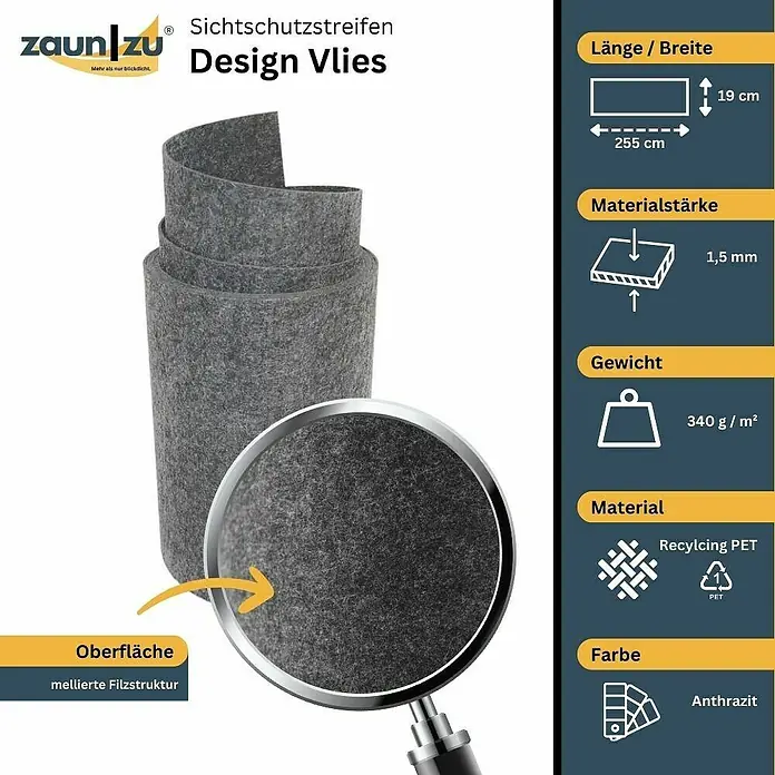 zaun|zu Sichtschutzstreifen Zaunzubehör Design DSM - 19 x 0,1 cm, Anthrazit - Produktbild eines Zaunstreifens "Design Vlies" in Anthrazit, hergestellt aus Recycling-PET, mit Maßen 255 cm x 19 cm und einer Stärke von 1,5 mm.